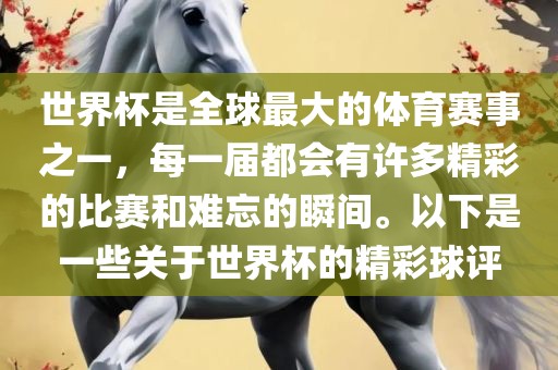 世界杯是全球最大的体育赛事之一，每一届都会有许多精彩的比赛和难忘的瞬间。以下是一些关于世界杯的精彩球评