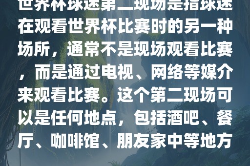 世界杯球迷第二现场是指球迷在观看世界杯比赛时的另一种场所，通常不是现场观看比赛，而是通过电视、网络等媒介来观看比赛。这个第二现场可以是任何地点，包括酒吧、餐厅、咖啡馆、朋友家中等地方。