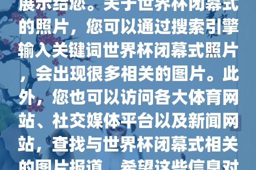 由于照片是静态的，无法直接展示给您。关于世界杯闭幕式的照片，您可以通过搜索引擎输入关键词世界杯闭幕式照片，会出现很多相关的图片。此外，您也可以访问各大体育网站、社交媒体平台以及新闻网站，查找与世界杯闭幕式相关的图片报道。希望这些信息对您有所帮助。