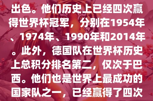 德国队在世界杯上的表现非常出色。他们历史上已经四次赢得世界杯冠军，分别在1954年、1974年、1990年和2014年。此外，德国队在世界杯历史上总积分排名第二，仅次于巴西。他们也是世界上最成功的国家队之一，已经赢得了四次世界杯冠军和多次进入决赛。