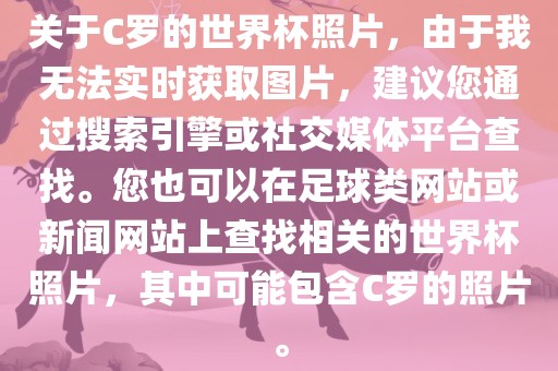 关于C罗的世界杯照片，由于我无法实时获取图片，建议您通过搜索引擎或社交媒体平台查找。您也可以在足球类网站或新闻网站上查找相关的世界杯照片，其中可能包含C罗的照片。