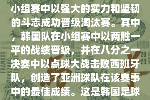 关于韩国在2002年世界杯足球赛的表现，可以说是非常出色的。他们作为东道主之一，在小组赛中以强大的实力和坚韧的斗志成功晋级淘汰赛。其中，韩国队在小组赛中以两胜一平的战绩晋级，并在八分之一决赛中以点球大战击败西班牙队，创造了亚洲球队在该赛事中的最佳成绩。这是韩国足球历史上的一次里程碑事件，也是亚洲足球走向世界的里程碑事件之一。