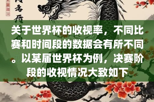 关于世界杯的收视率，不同比赛和时间段的数据会有所不同。以某届世界杯为例，决赛阶段的收视情况大致如下