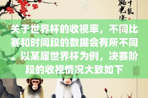 关于世界杯的收视率，不同比赛和时间段的数据会有所不同。以某届世界杯为例，决赛阶段的收视情况大致如下