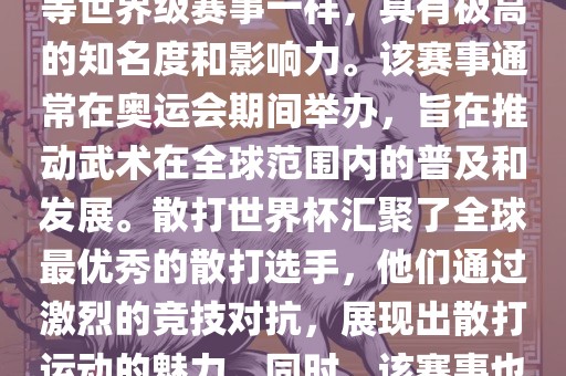 散打世界杯是世界武术散打最高水平的赛事之一，与奥运会等世界级赛事一样，具有极高的知名度和影响力。该赛事通常在奥运会期间举办，旨在推动武术在全球范围内的普及和发展。散打世界杯汇聚了全球最优秀的散打选手，他们通过激烈的竞技对抗，展现出散打运动的魅力。同时，该赛事也是推动不同国家和地区之间文化交流的重要平台。
