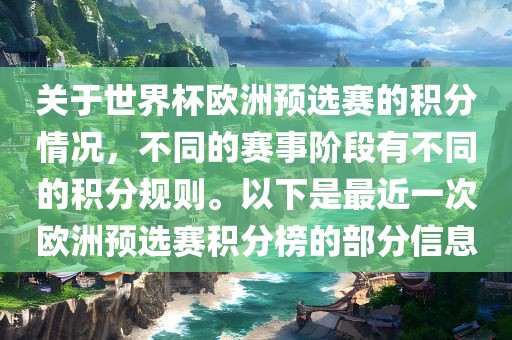 关于世界杯欧洲预选赛的积分情况，不同的赛事阶段有不同的积分规则。以下是最近一次欧洲预选赛积分榜的部分信息