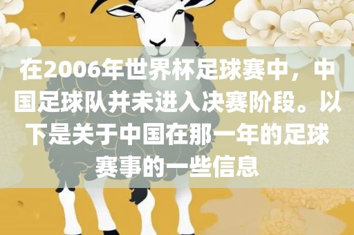 在2006年世界杯足球赛中，中国足球队并未进入决赛阶段。以下是关于中国在那一年的足球赛事的一些信息
