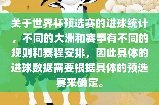 关于世界杯预选赛的进球统计，不同的大洲和赛事有不同的规则和赛程安排，因此具体的进球数据需要根据具体的预选赛来确定。