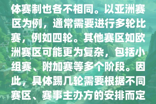 世界杯预选赛分为多个赛区，具体赛制也各不相同。以亚洲赛区为例，通常需要进行多轮比赛，例如四轮。其他赛区如欧洲赛区可能更为复杂，包括小组赛、附加赛等多个阶段。因此，具体踢几轮需要根据不同赛区、赛事主办方的安排而定。