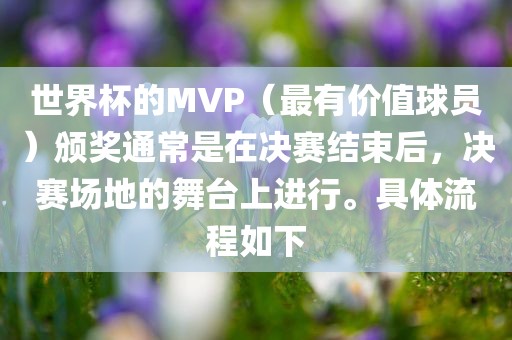 世界杯的MVP（最有价值球员）颁奖通常是在决赛结束后，决赛场地的舞台上进行。具体流程如下